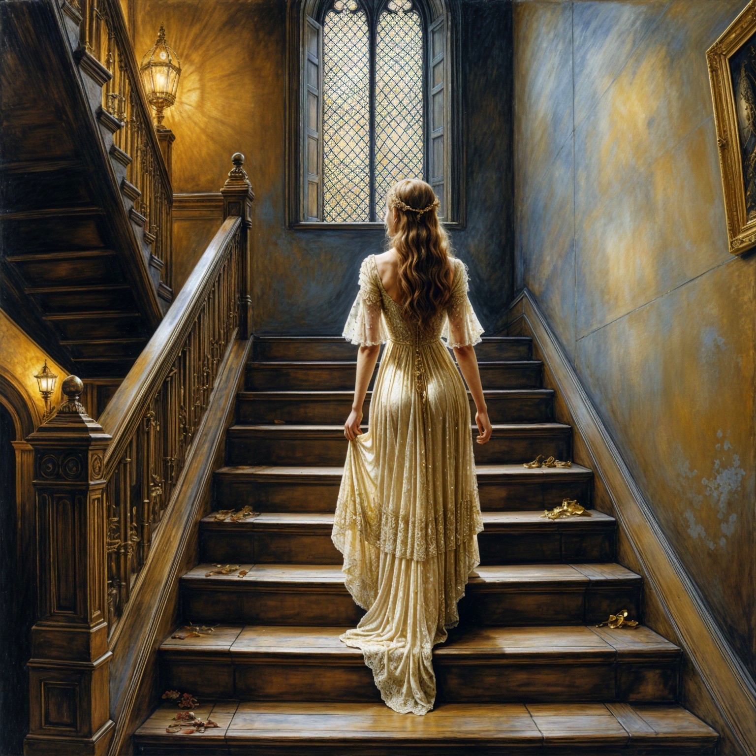 Young woman in vintage gown on ornate staircase