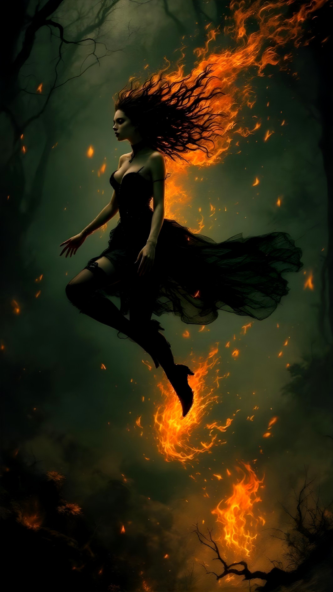 Mystical Woman Levitating in a Fiery Forest Scene