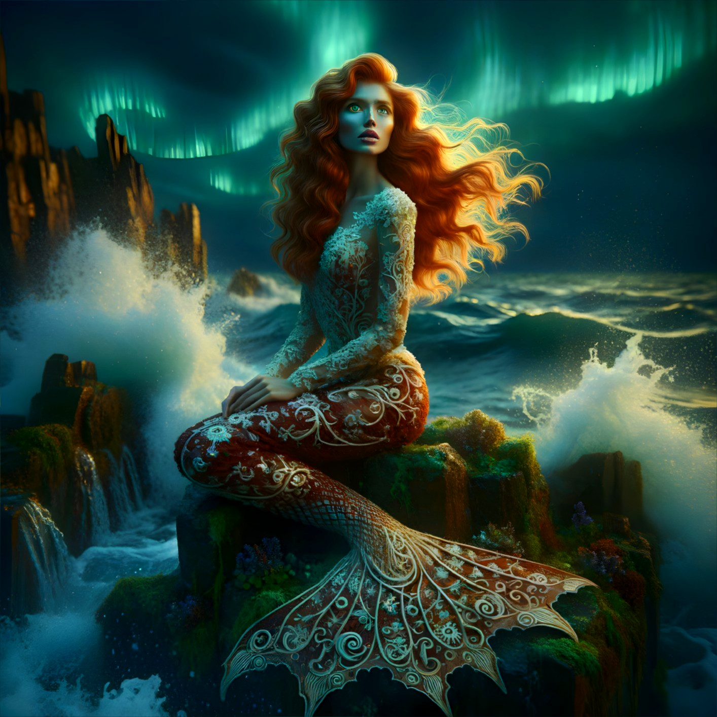 Mermaid with Red Hair by Rocky Outcrop and Aurora Borealis