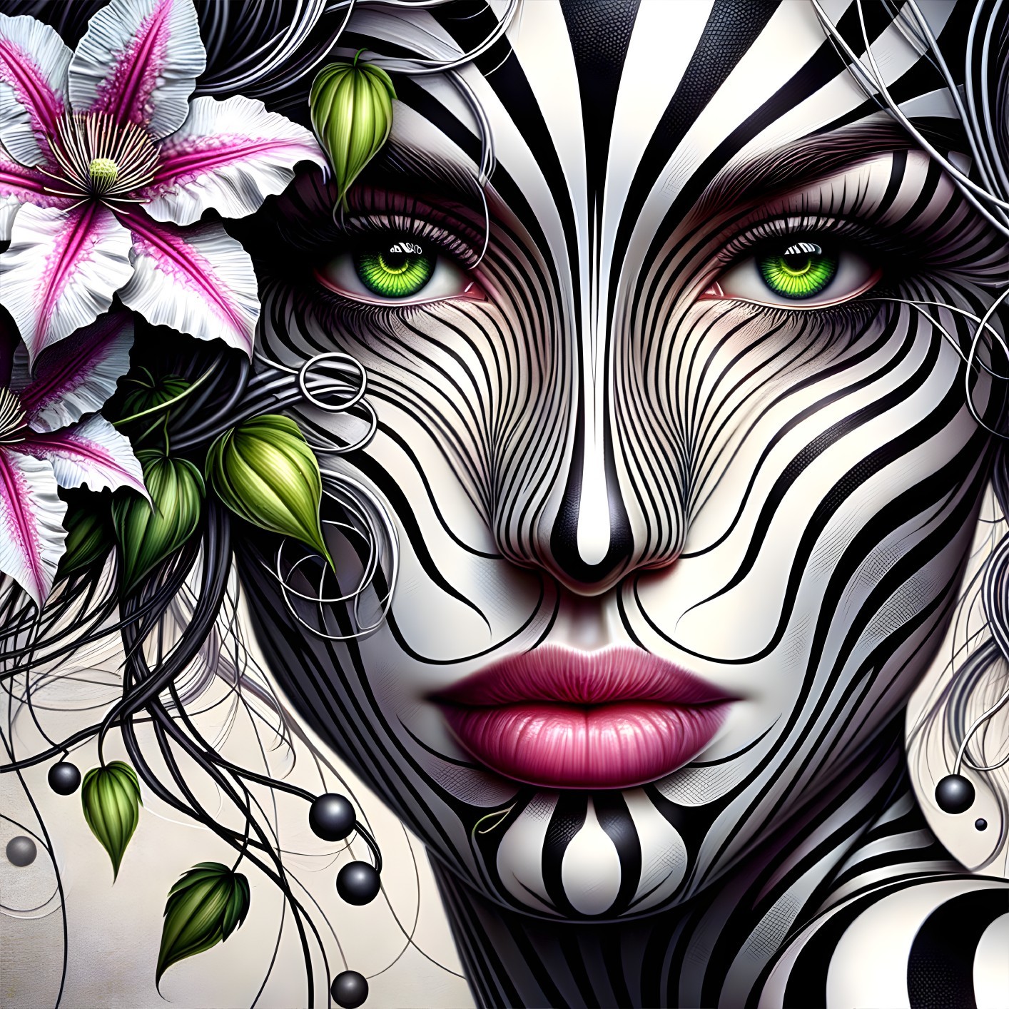 Portrait of a Woman with Abstract Stripes and Flowers