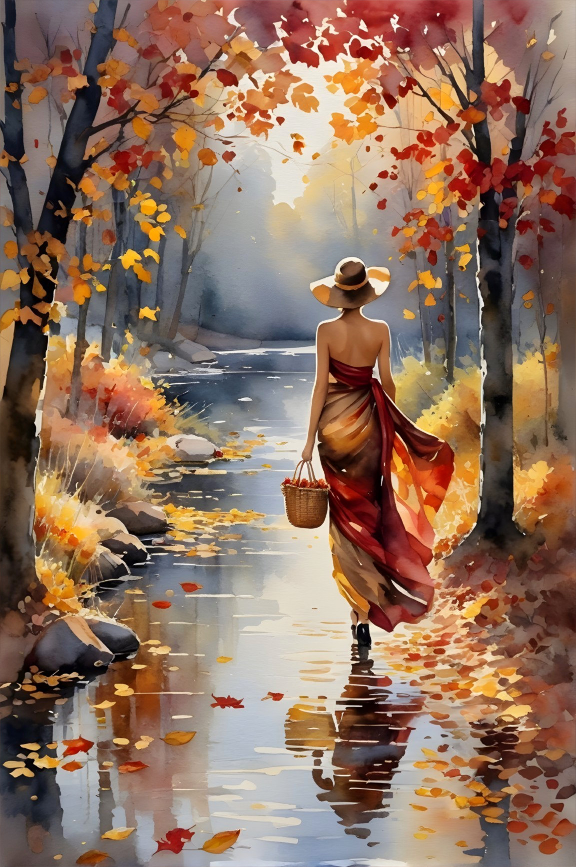 Autumn Scene with Woman by Tranquil River