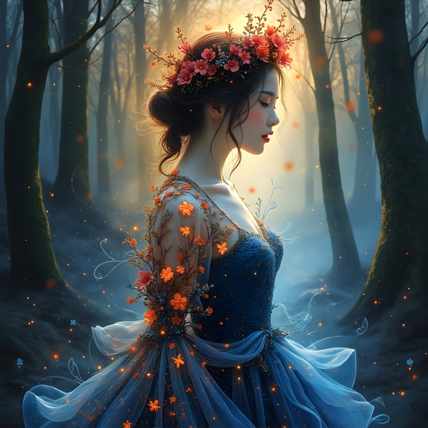 Serene Woman in Misty Forest with Golden Light