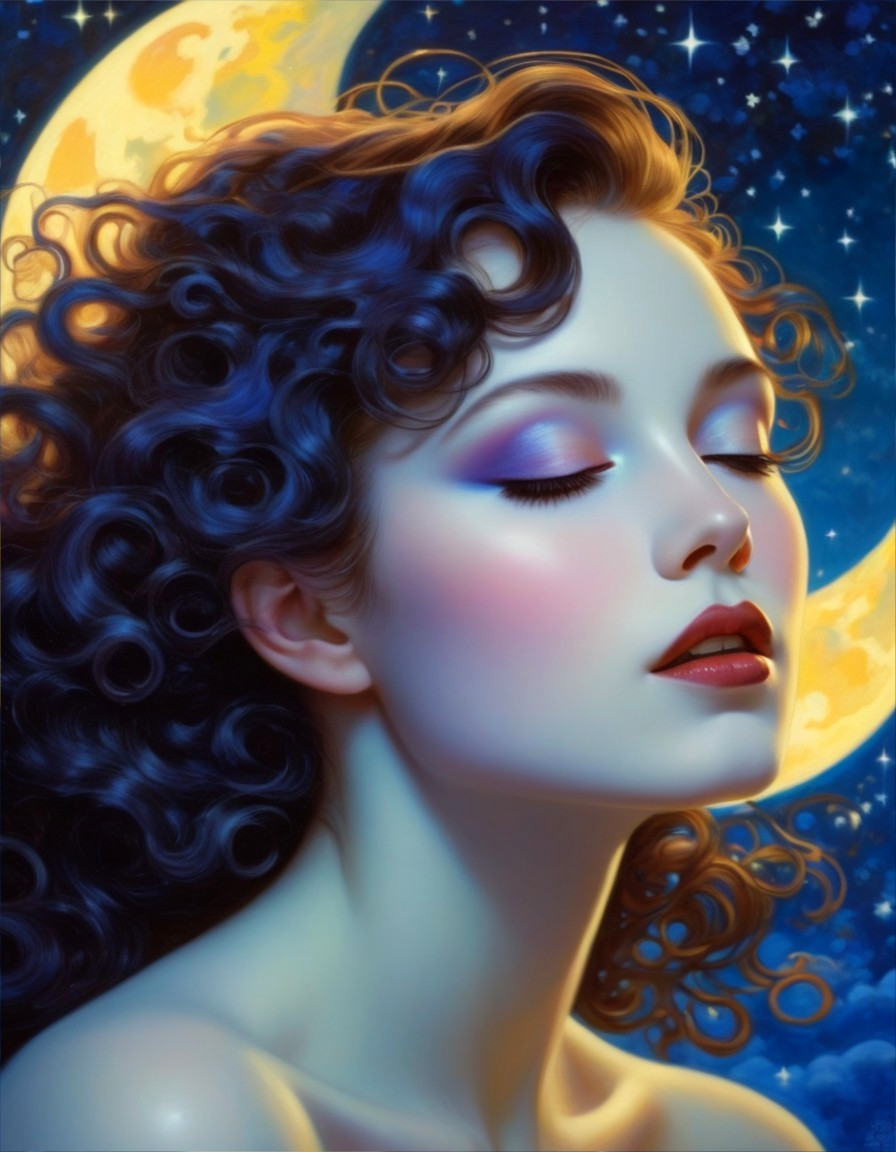 Serene Woman Contemplating Under a Crescent Moon