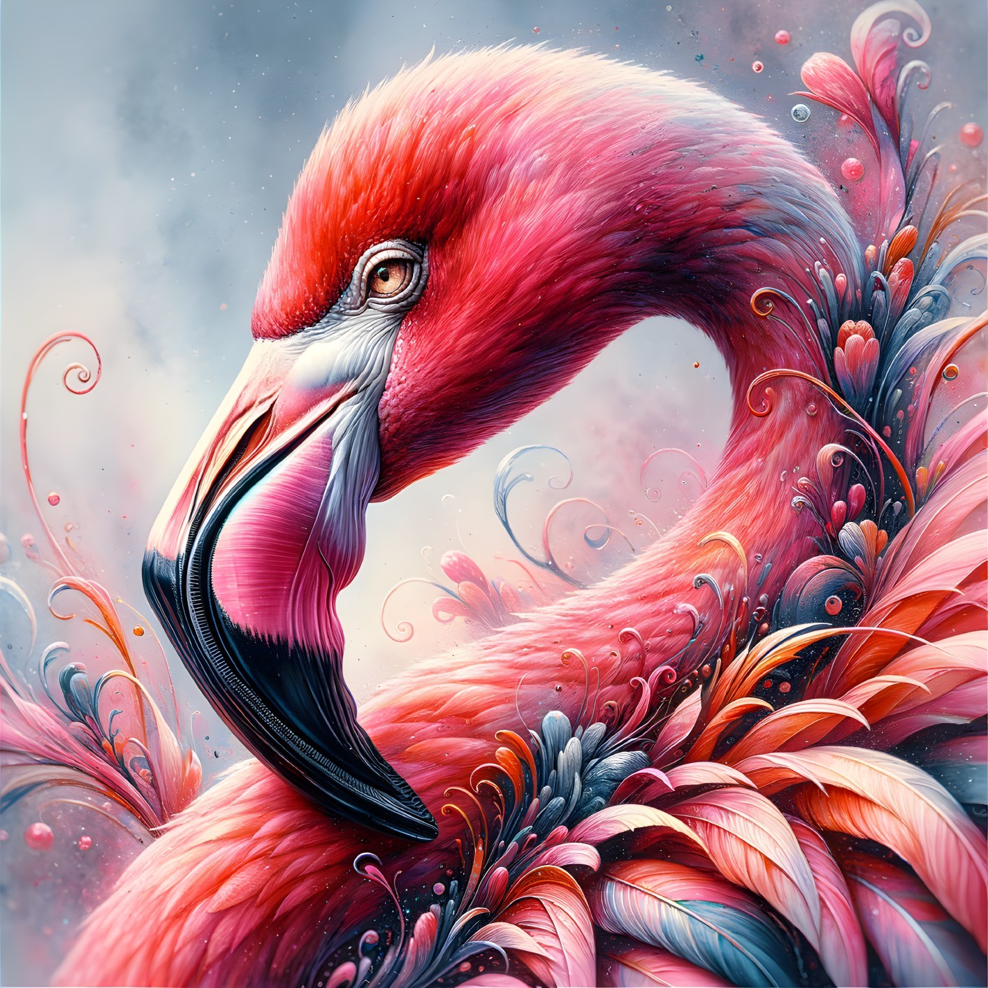 Vibrant Flamingo Illustration with Floral Patterns
