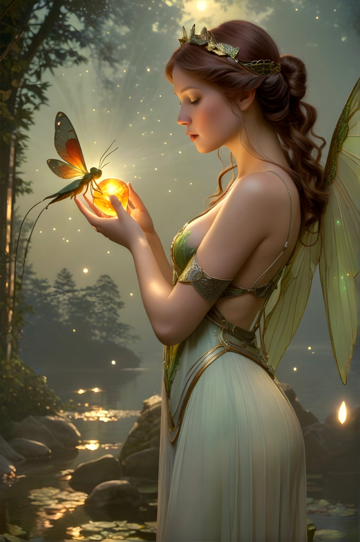 Fairy by Tranquil River with Glowing Orb and Wings