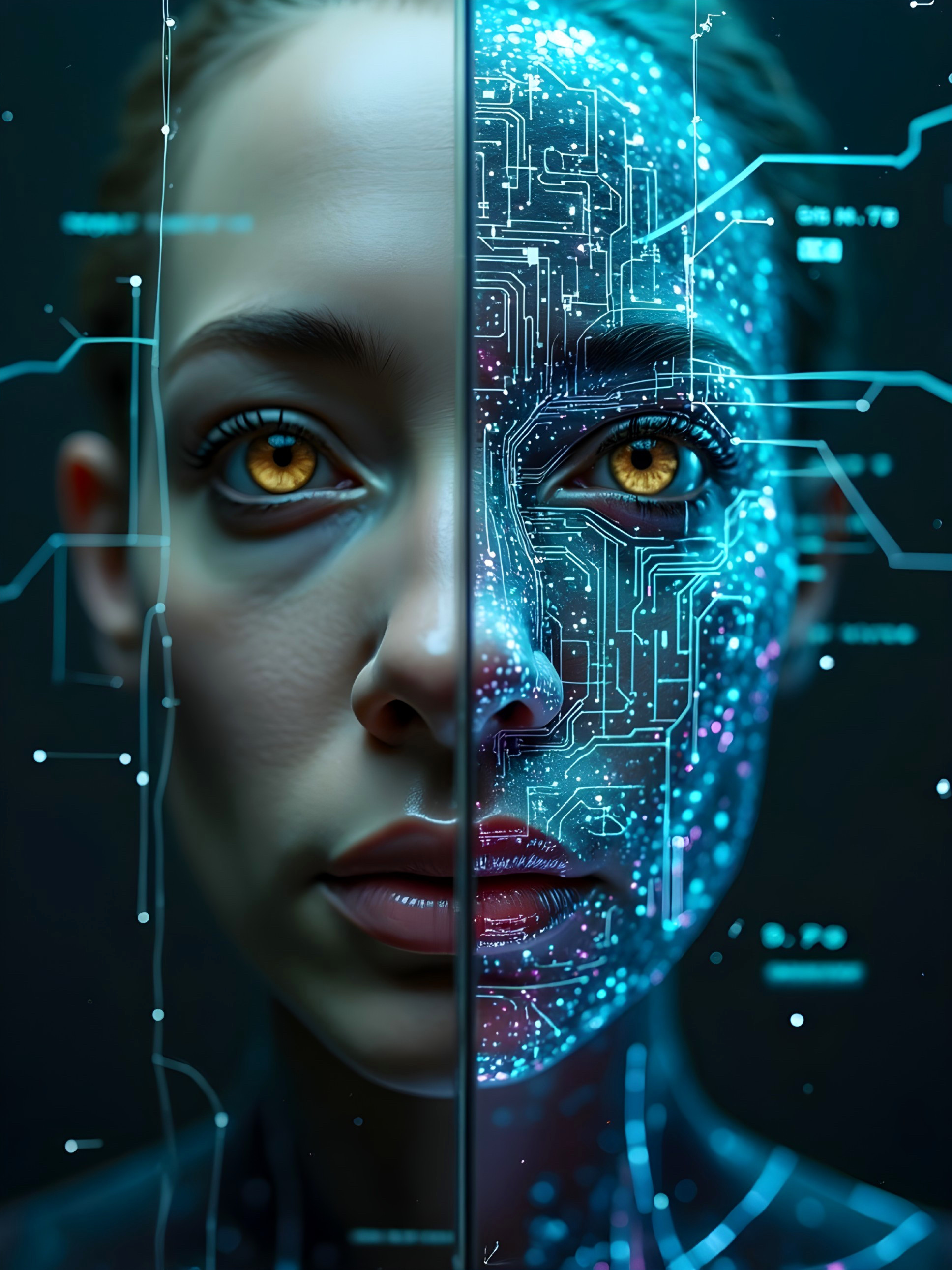 Split Face of Woman: Human vs. Futuristic Cyborg