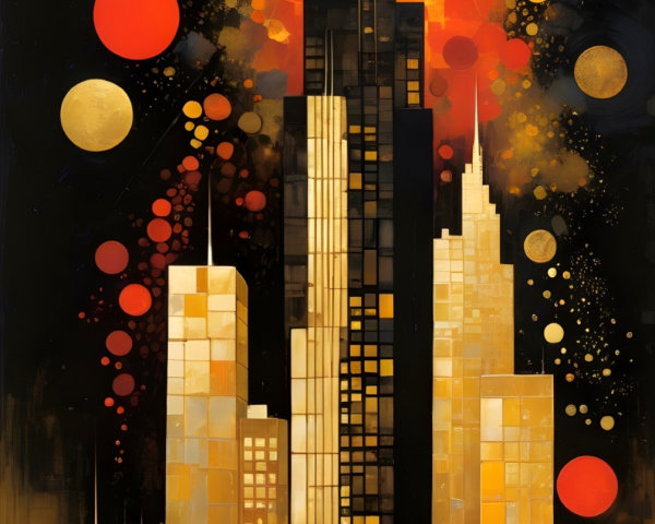Vibrant City Skyline with Art Deco and Modern Elements