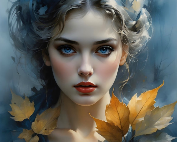 Portrait of a Young Woman with Blue Eyes and Leaves