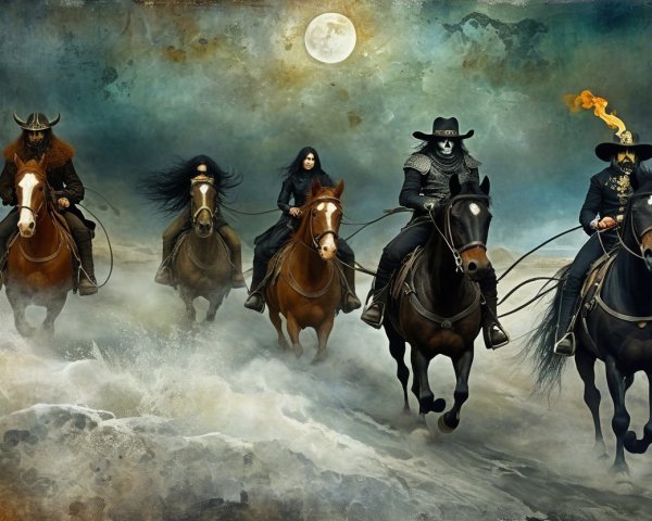 Mysterious Figures on Horseback in Foggy Landscape