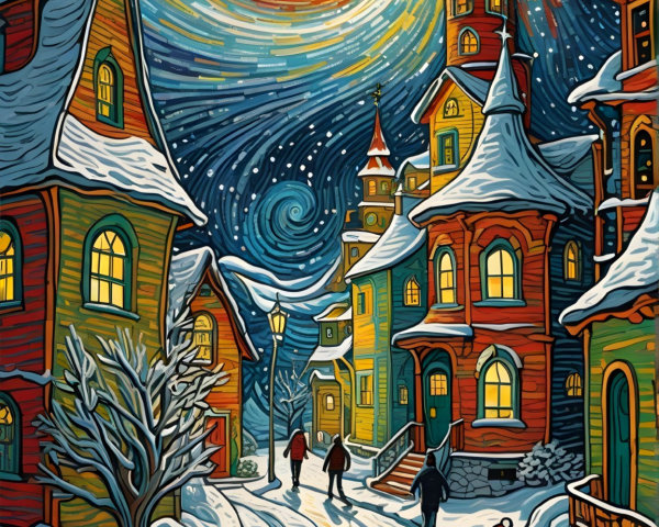 Impressionistic Winter Village Scene at Night