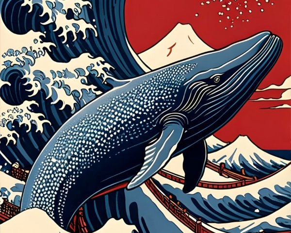 Majestic whale in stylized ocean waves and sunset