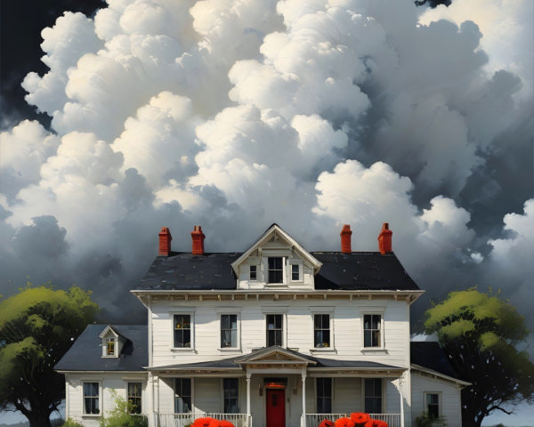 Victorian House Surrounded by Colorful Garden and Clouds