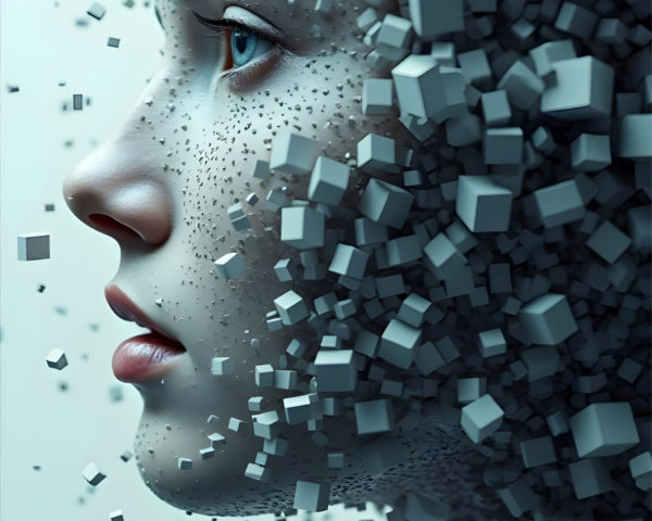 Fragmented Human Face in Digital Cubes and Elements