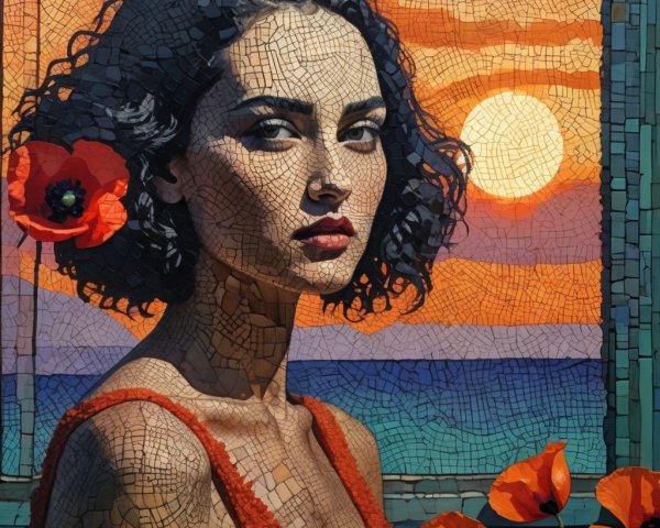 Mosaic Portrait of Woman with Sunset and Poppies