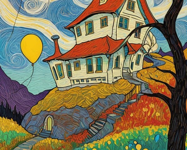 Whimsical House on a Hill with Colorful Balloons