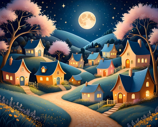 Charming Village Scene Under a Bright Full Moon
