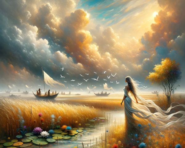 Serene Landscape with Figure by Tranquil Waterway