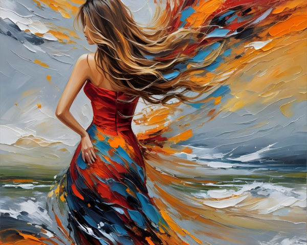 Woman in Red Dress Against Colorful Turbulent Sky