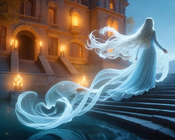 Ethereal Figure in White Gown on Grand Staircase