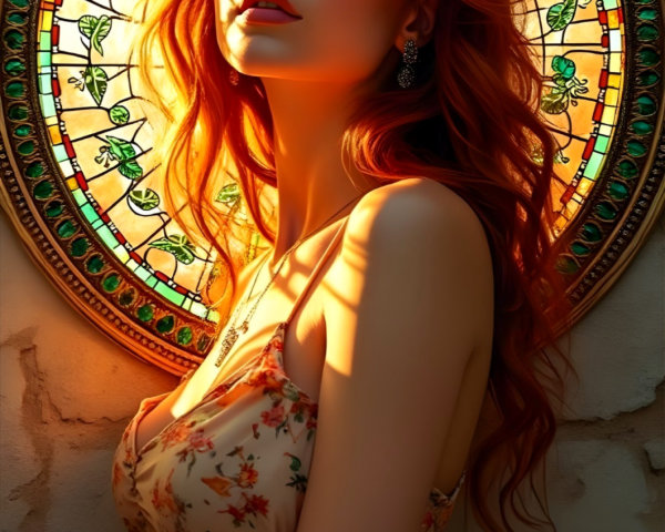 Young woman with red hair by stained glass window