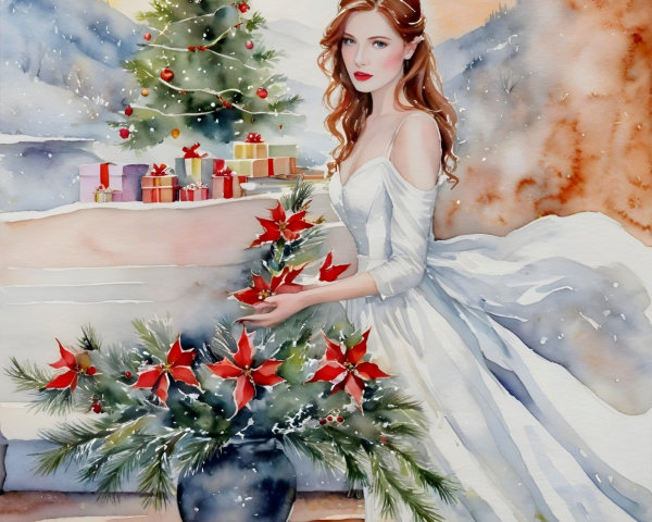 Watercolor of a woman in snowy landscape with Christmas decor