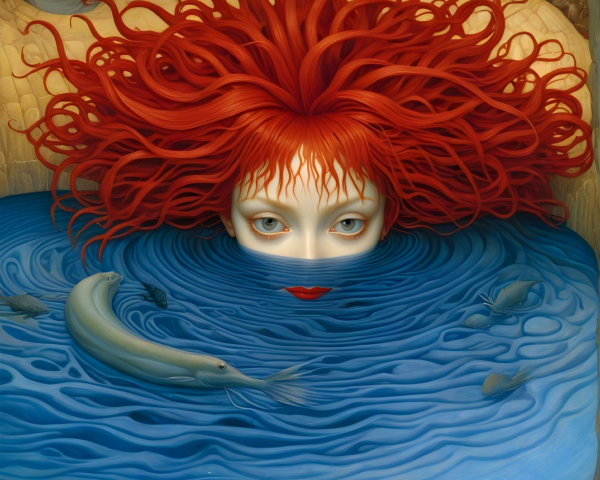 Pale Woman with Red Hair in Blue Water Pool