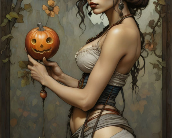 Mysterious Woman with Carved Pumpkin and Castle Background