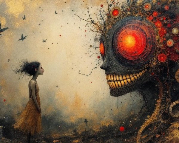 Surreal Landscape with Girl and Robotic Skull