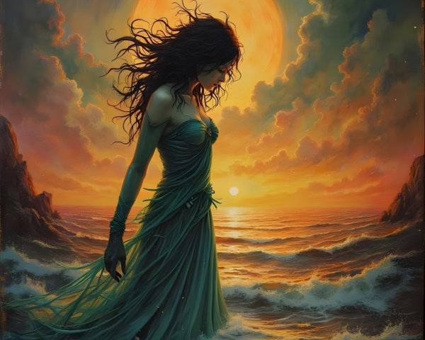 Mystical Figure in Green Gown by Vibrant Sunset Ocean