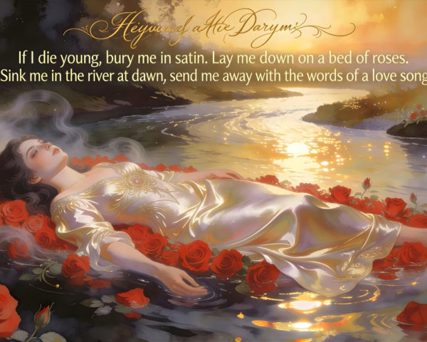 Woman in Satin Gown Floating in Rose-filled River