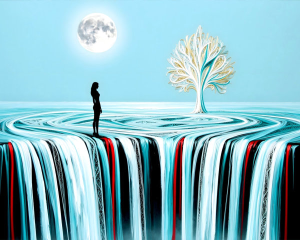 Dreamlike Painting of Woman by Ethereal Waterfall