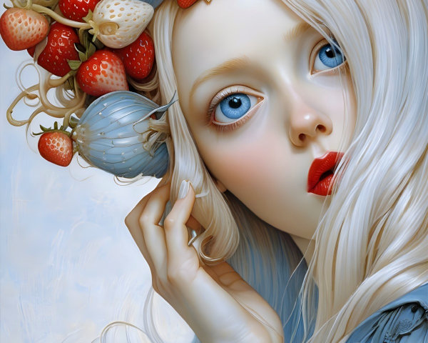 Close-up of a blonde girl with blue eyes and headdress