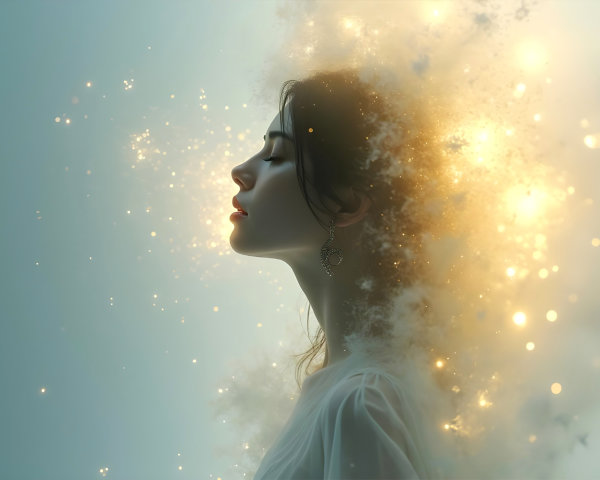 Young woman with glowing orbs and soft clouds backdrop