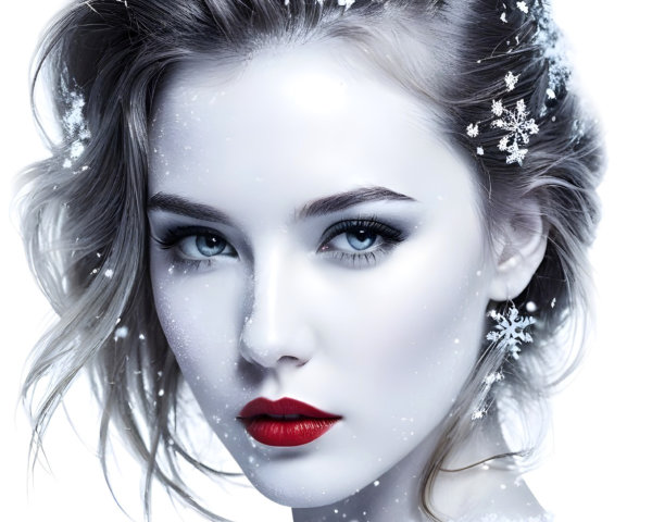 Close-Up Portrait of a Woman with Silver Hair and Snowflakes
