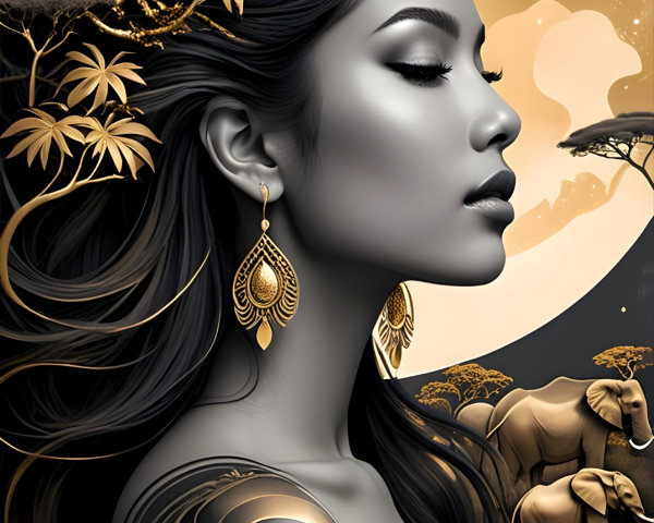 Profile of a Woman with Lion Tattoo and Moon Background