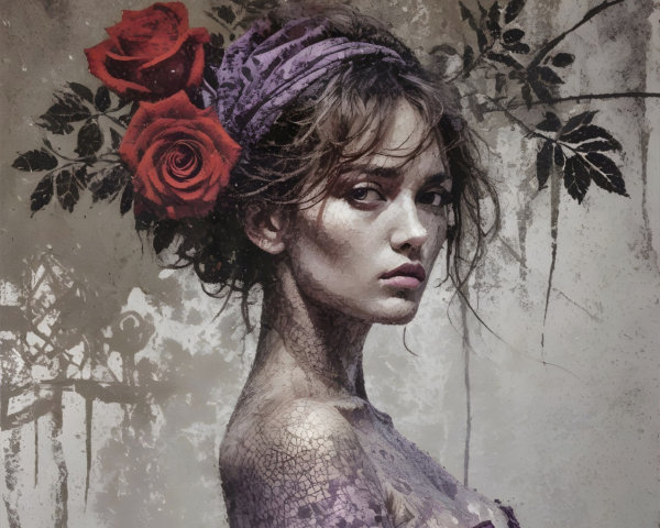 Ethereal Woman with Roses and Textured Background