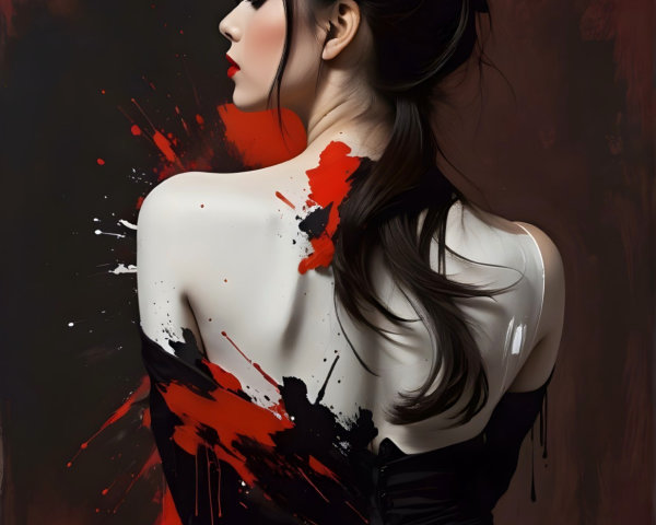 Digital painting of a woman in a black gown with paint