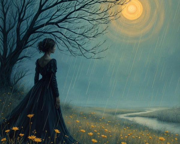 Solitary Figure in Dark Dress Amid Yellow Daisies