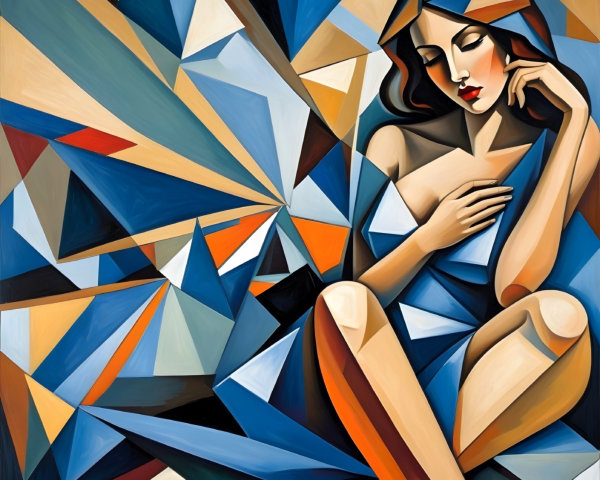 Stylized Woman Surrounded by Geometric Shapes and Colors