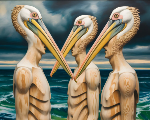 Humanoid Figures with Pelican Heads in Surreal Scene