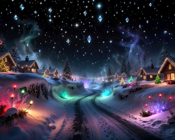 Magical Wintry Village Scene with Colorful Lights