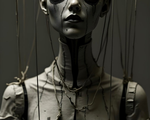 Lifelike Marionette with Glowing Red Eyes and Strings