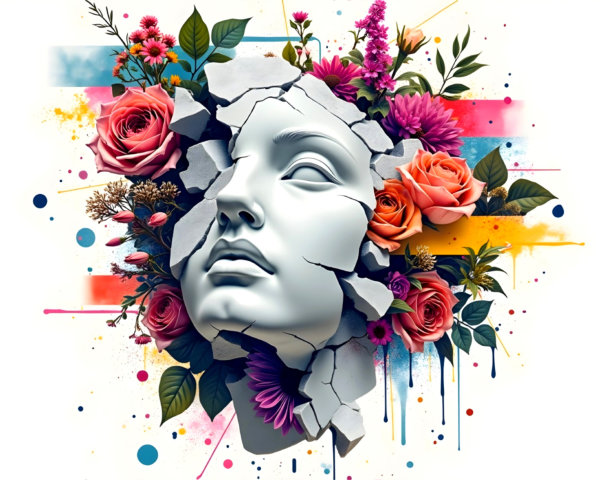 White Marble Face Surrounded by Colorful Flowers