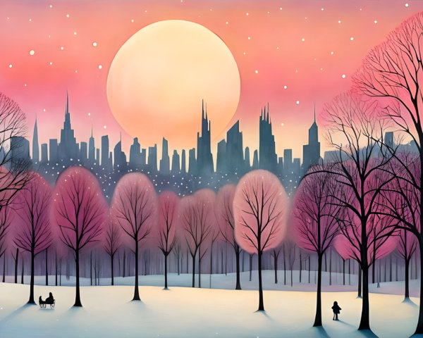 Watercolor Winter Landscape with City Skyline and Couple
