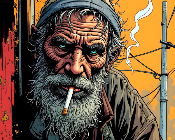 Rugged Elderly Man with Grey Beard and Urban Background