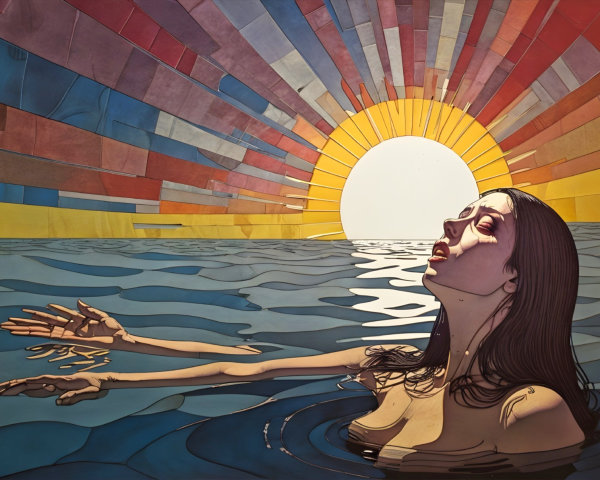 Serene Illustration of Woman Floating in Calm Water