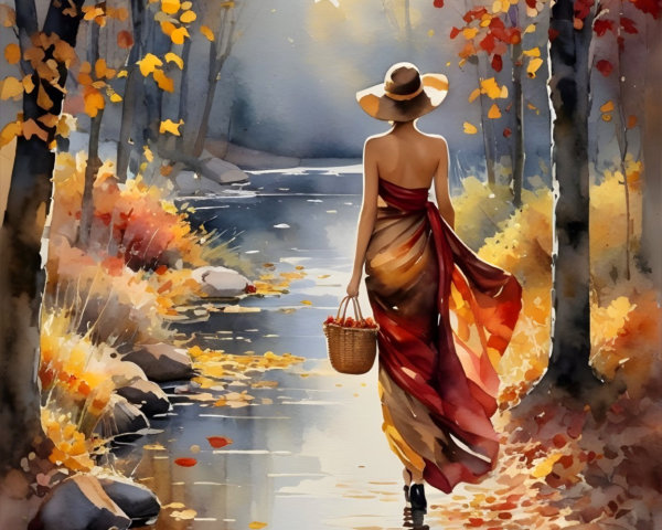 Autumn Scene with Woman by Tranquil River