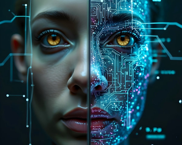 Split Face of Woman: Human vs. Futuristic Cyborg