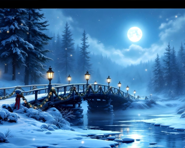 Serene Winter Landscape with Bridge and Snowfall