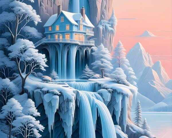 Dreamy Winter Landscape with Cozy Blue House and Waterfalls